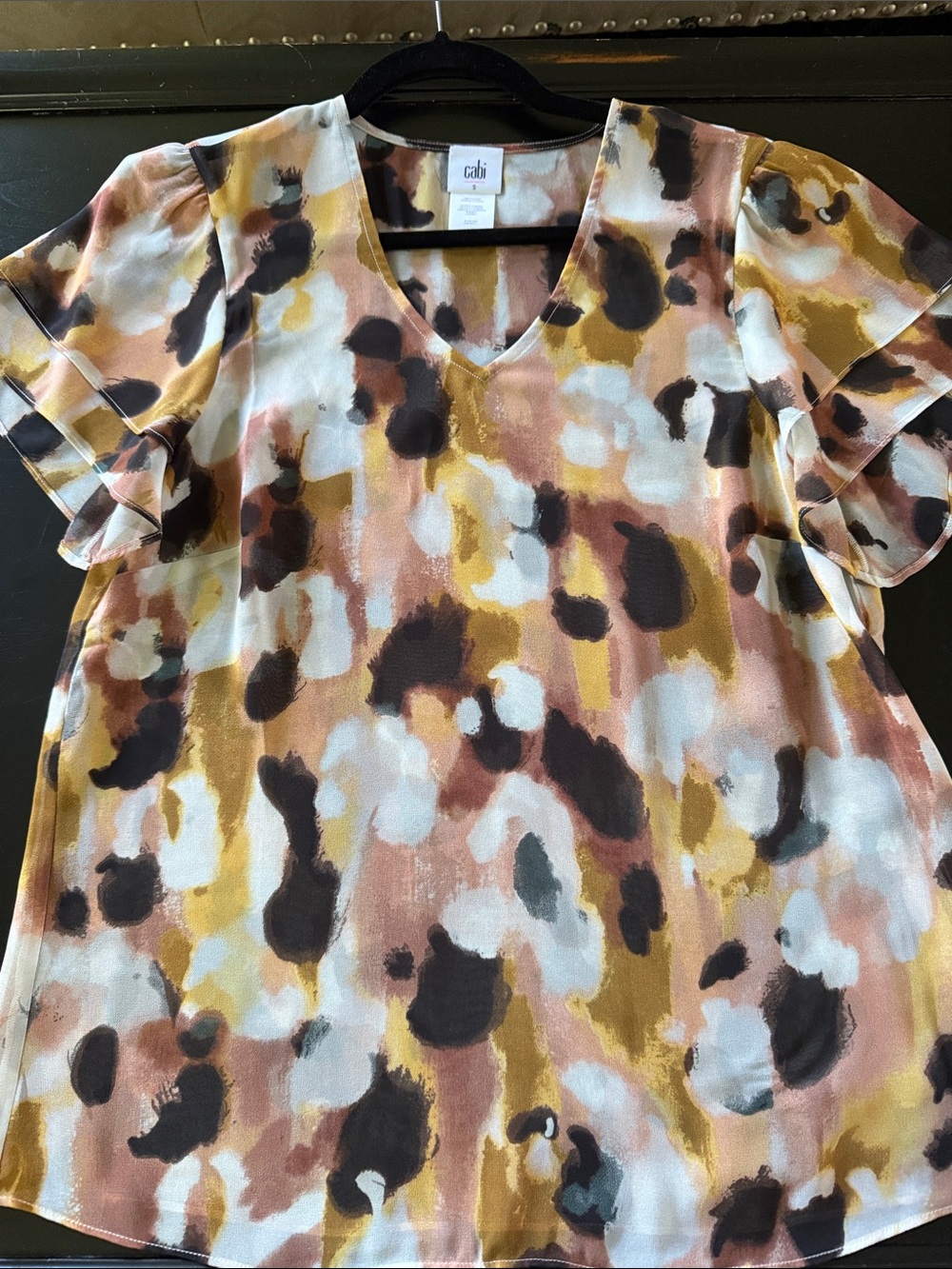 CAbi Multi-Color V-Neck Flutter Sleeve Blouse — Mustard, Blush, brown & Black